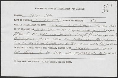 program of club or association for alumnae hobby sale, november 13, 1975 (image)
