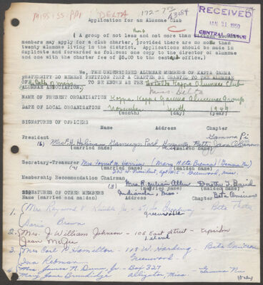 mississippi delta alumnae club charter application, november 10, 1949 (image)