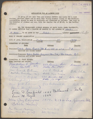 hobbs alumnae club charter application, july 15, 1954 (image)