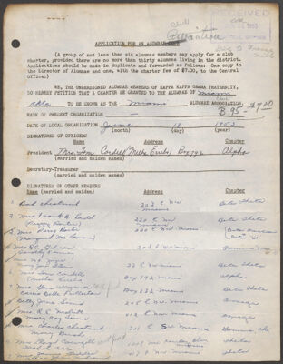 miami alumnae club charter application, june 18, 1953 (image)