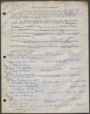 bryan alumnae club charter application, november 14, 1944 (image)