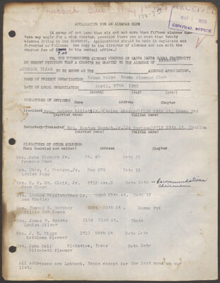 lubbock alumnae club charter application, april 27, 1950 (image)