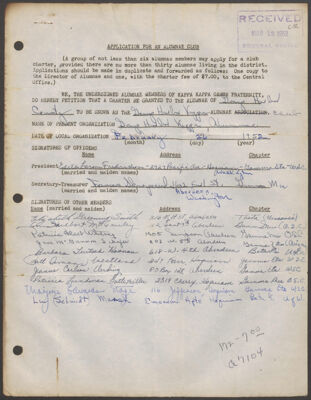 grays harbor alumnae club charter application, february 26, 1952 (image)