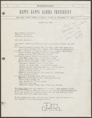 whittier alumnae association charter, august 13, 1957 (image)