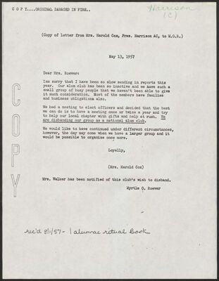 mrs. harold cox to myrtle roever copy of letter, may 13, 1957 (image)
