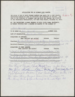 hot springs alumnae club charter application, march 26, 1969 (image)