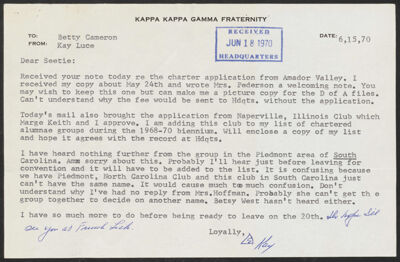 seetie cameron to kay luce note, june 19, 1970 (image)