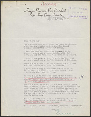 claire walker to helen hutchinson letter, august 29, 1954 (image)