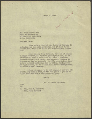 rosemary marr to clara pierce letter, february 19, 1962 (image)