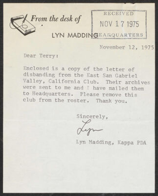 marilyn kennedy to lyn madding letter, october 22, 1975 (image)