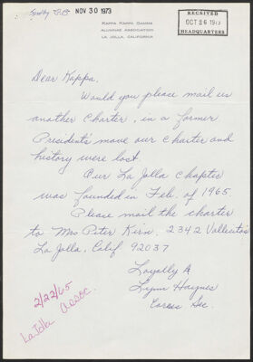 lynn haynes to kappa kappa gamma letter, october 26, 1973 (image)