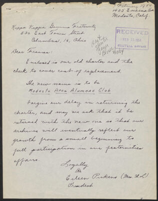 frances mills to eileen pickens letter, february 19, 1954 (image)