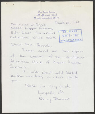 terry mollica to nancy brewer letter, may 2, 1972 (image)