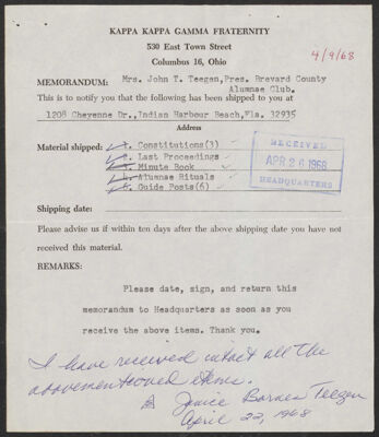 kappa kappa gamma to janice teegen memorandum, april 9, 1968 (image)
