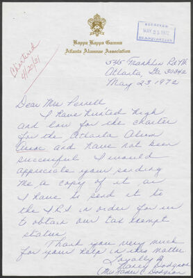 nancy dodgson to kay pennell letter, may 23, 1972 (image)