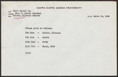 lynn schwengel to fraternity headquarters letter, march 2, 1960 (image)
