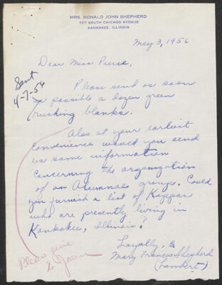 mary shepherd to clara pierce letter, may 3, 1956 (image)
