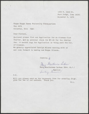 mary latham to fraternity headquarters letter, november 6, 1974 (image)