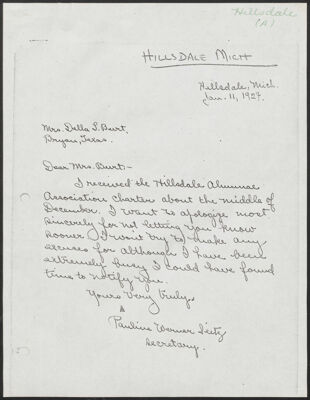 pauline seitz to della burt letter, january 11, 1924 (image)