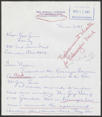 virginia norton to fraternity headquarters letter, june 7, 1966 (image)