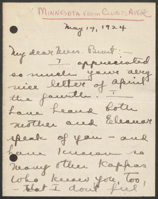 minnesota alumnae club to della burt letter, may 14, 1924 (image)