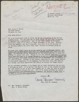 natchez alumnae club charter application, october 23, 1946 (image)