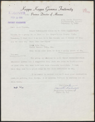 jeannette rustemeyer to clara pierce letter, february 7, 1956 (image)