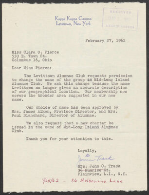 levittown alumnae club change of name application, january 16, 1962 (image)