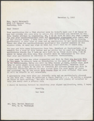 kay luce to patsy nebergall letter, december 6, 1962 (image)