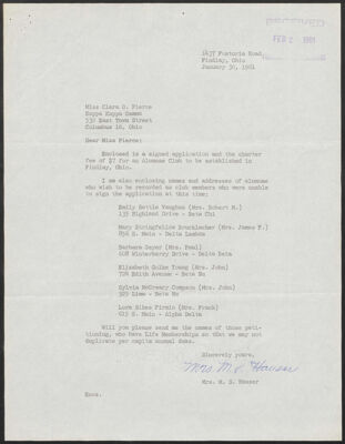 mrs. m.s. hauser to clara pierce letter, january 30, 1961 (image)