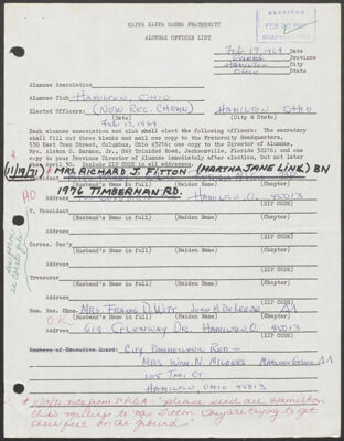 hamilton ohio alumnae club officer list, february 17, 1969 (image)