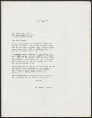 margaret finch to fraternity headquarters, april 12, 1957 (image)