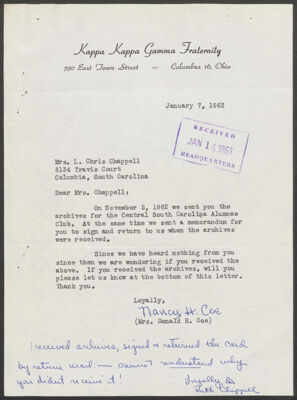 nancy coe to ruth chappell letter, january 7, 1963 (image)