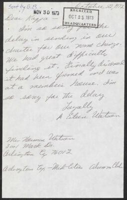 eileen watson to fraternity headquarters letter, october 22, 1973 (image)
