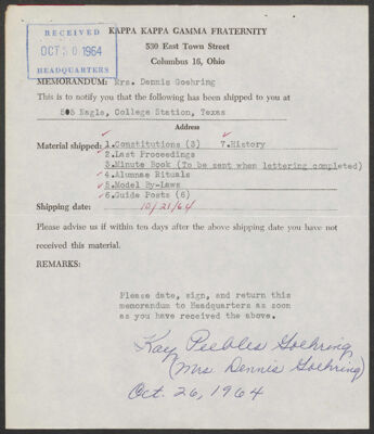 kappa kappa gamma to kay goehring memorandum, october 21, 1964 (image)