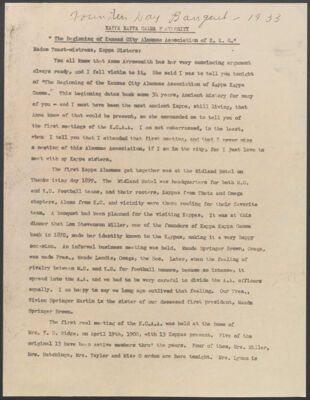 the beginning of kansas city alumnae association founders day banquet speech, october 13, 1933 (image)