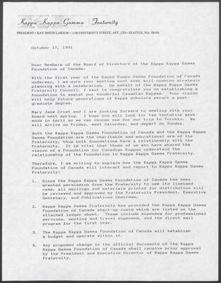 kay smith larson to board of directors of the kappa kappa gamma foundation of canada letter, october 17, 1991 (image)