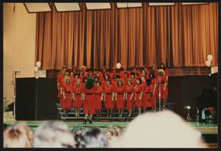 Delta Upsilon Chapter Members in Campus Sing Competition Photograph, 1987