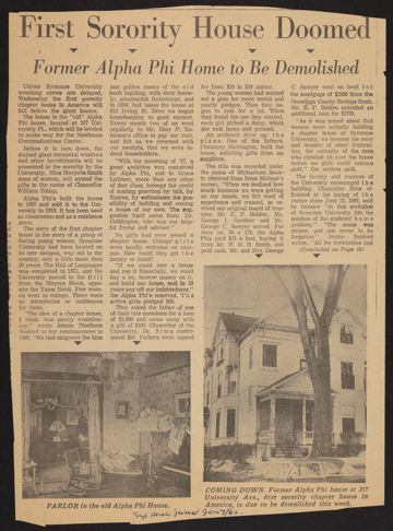 First Sorority House Doomed Newspaper Clipping, January 7, 1962