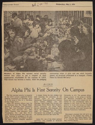 At LSUS: Alpha Phi Is First Sorority on Campus Newspaper Clipping, May 1, 1974