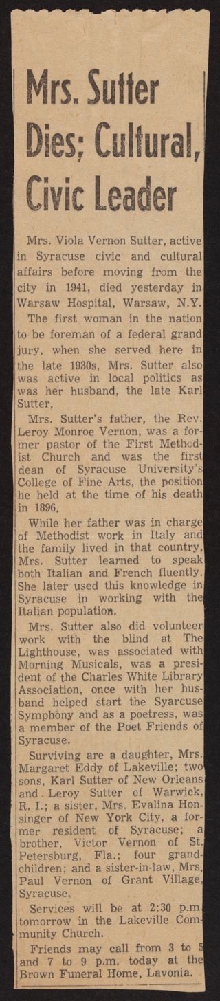Mrs. Sutter Dies; Cultural, Civic Leader Newspaper Clipping, March 21, 1963