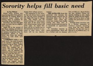Sorority Helps Fill Basic Need Newspaper Clipping, 1975