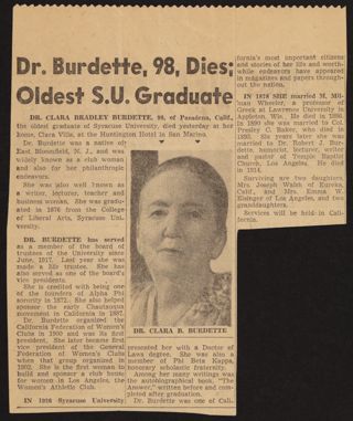 Dr. Burdette, 98, Dies: Oldest S.U. Graduate Newspaper Clipping, c. January 1954