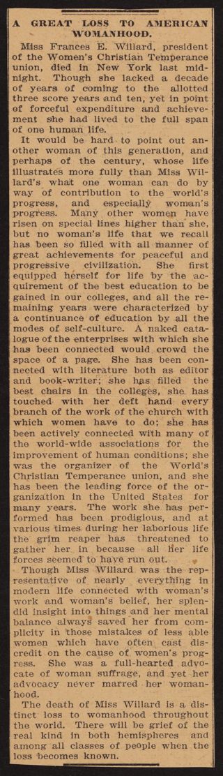 A Great Loss to American Womanhood, c. February 18, 1898