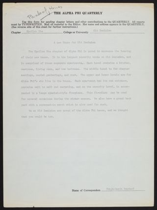 The Alpha Phi Quarterly Contribution Form: A New House for Old Dominion, c. 1979-1981