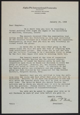 Helen P. Bull to Chapter Letter, January 16, 1928