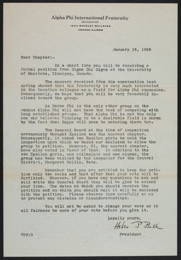 Helen P. Bull to Chapter Letter, January 16, 1928