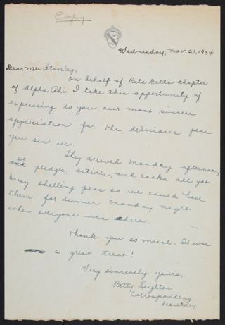 Betty Leighton to Mr. Stanley Letter, November 21, 1934