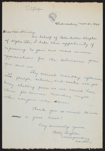 Betty Leighton to Mr. Stanley Letter, November 21, 1934