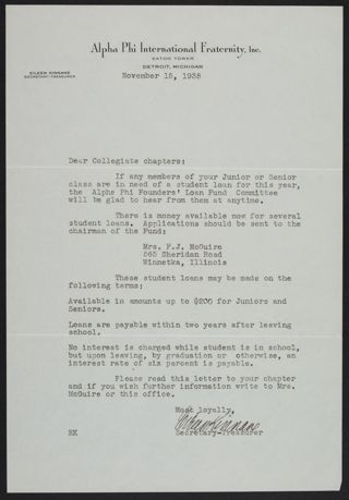 Eileen Kinnane to Collegiate Chapters Letter, November 15, 1935